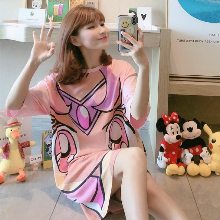 Đầm Ngủ Ngắn Tay In Họa Tiết Hoạt Hình Xinh Xắn Dành Cho Nữ
