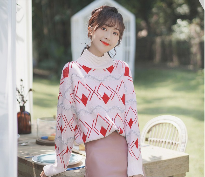 Hình ảnh Áo len nữ phom rộng họa tiết đỏ phối kim tuyến dễ thương - DL30264 - Hàng Quảng Châu cao cấp