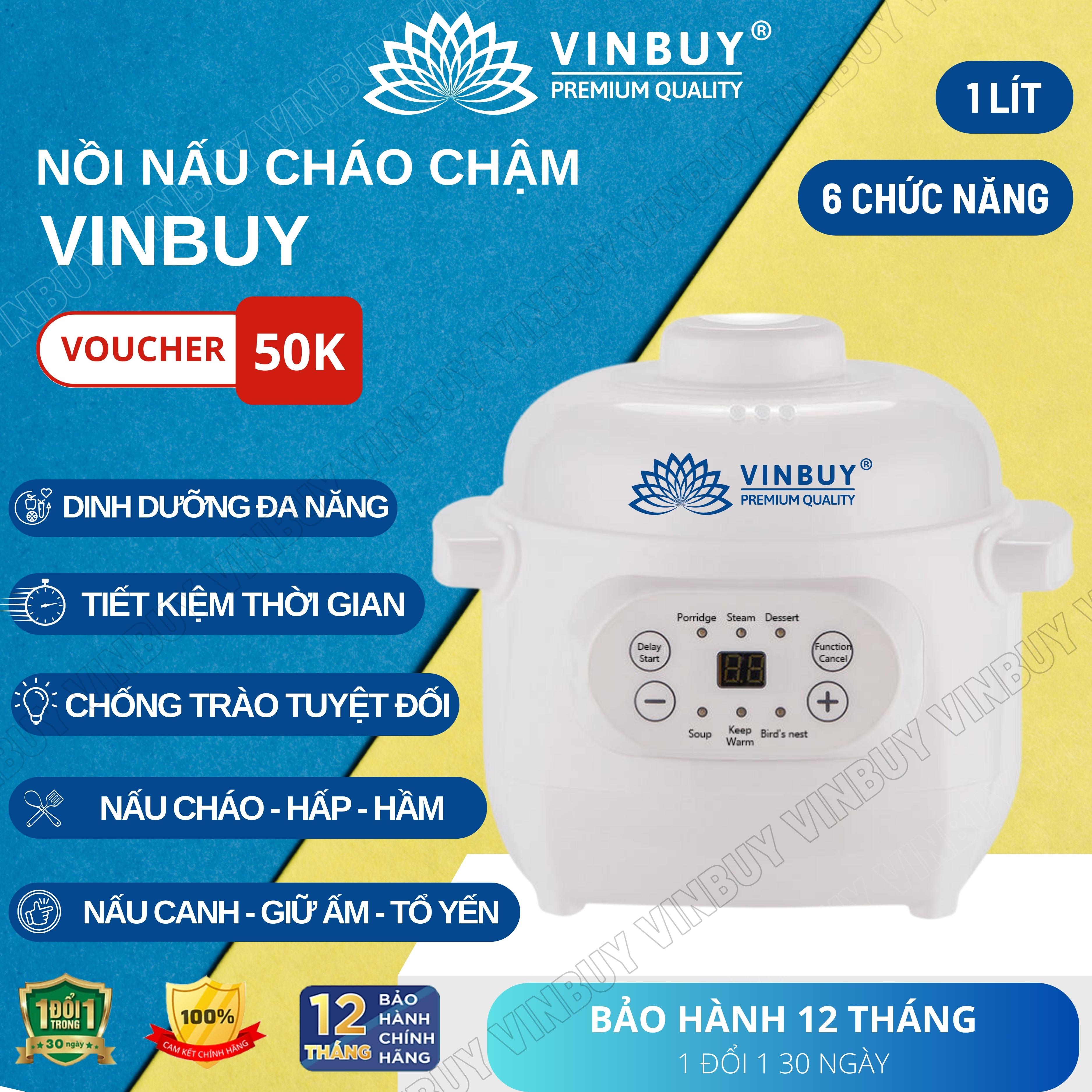 Nồi nấu cháo chậm cho bé VINBUY, ăn dặm, hầm thuốc bắc, hấp, chưng yến giữ trọn chất dinh dưỡng, dung tích 1 lít, công suất 200W - Hàng chính hãng