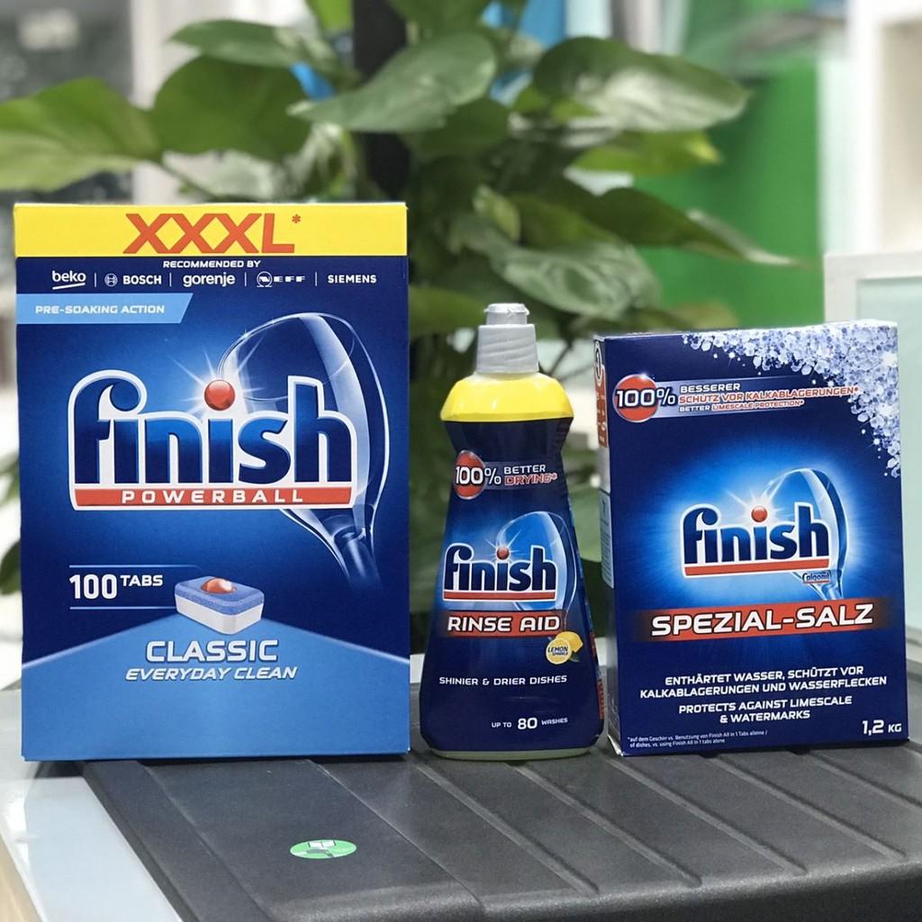 combo bộ 100 viên rửa chén finish Muối làm mềm nước 1,2 kg và chai nuớc l;àm bóng finish