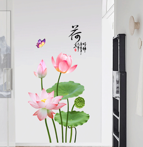 Decal trang trí tường - Hoa Sen cây dài 3D lá lớn tao nhã