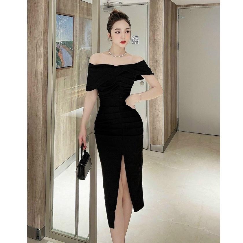 Đầm kiểu nữ trễ vai ôm body sẻ tà tay ngắn eo xếp ly có kèm mút thiết kế cho phái đẹp Kgia fashion