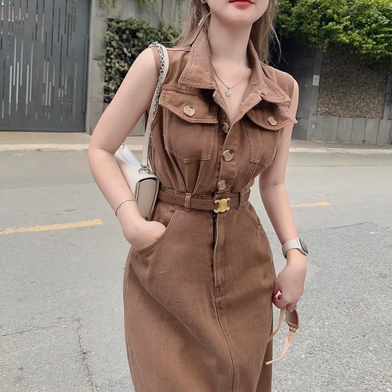 VÁY ĐI CHƠI, VÁY KAKI SƠ MI SUÔNG ĐẮP TÚI KÈM ĐAI CỰC HOT