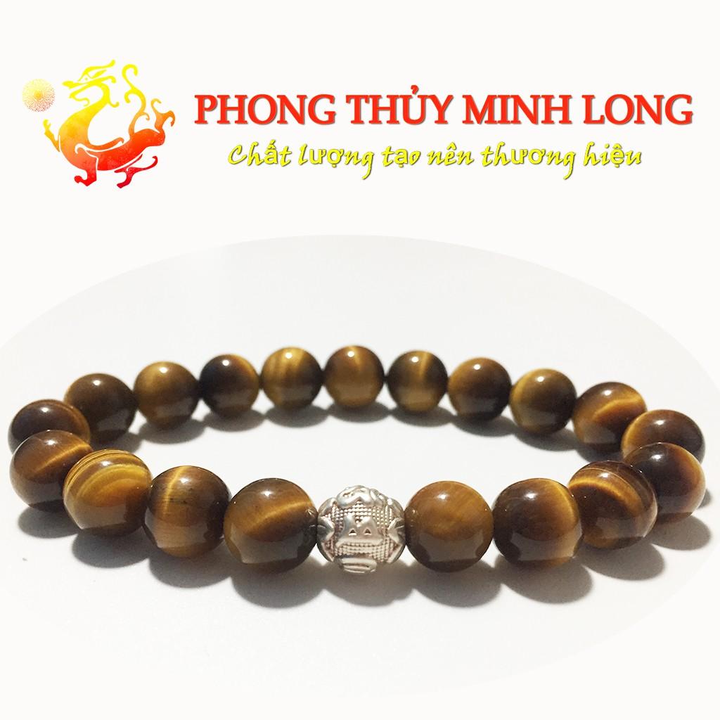Vòng tay đá mắt hổ Vàng Nâu 5A mix 1 hạt kim tiền Bạc hợp mệnh Kim và Thổ