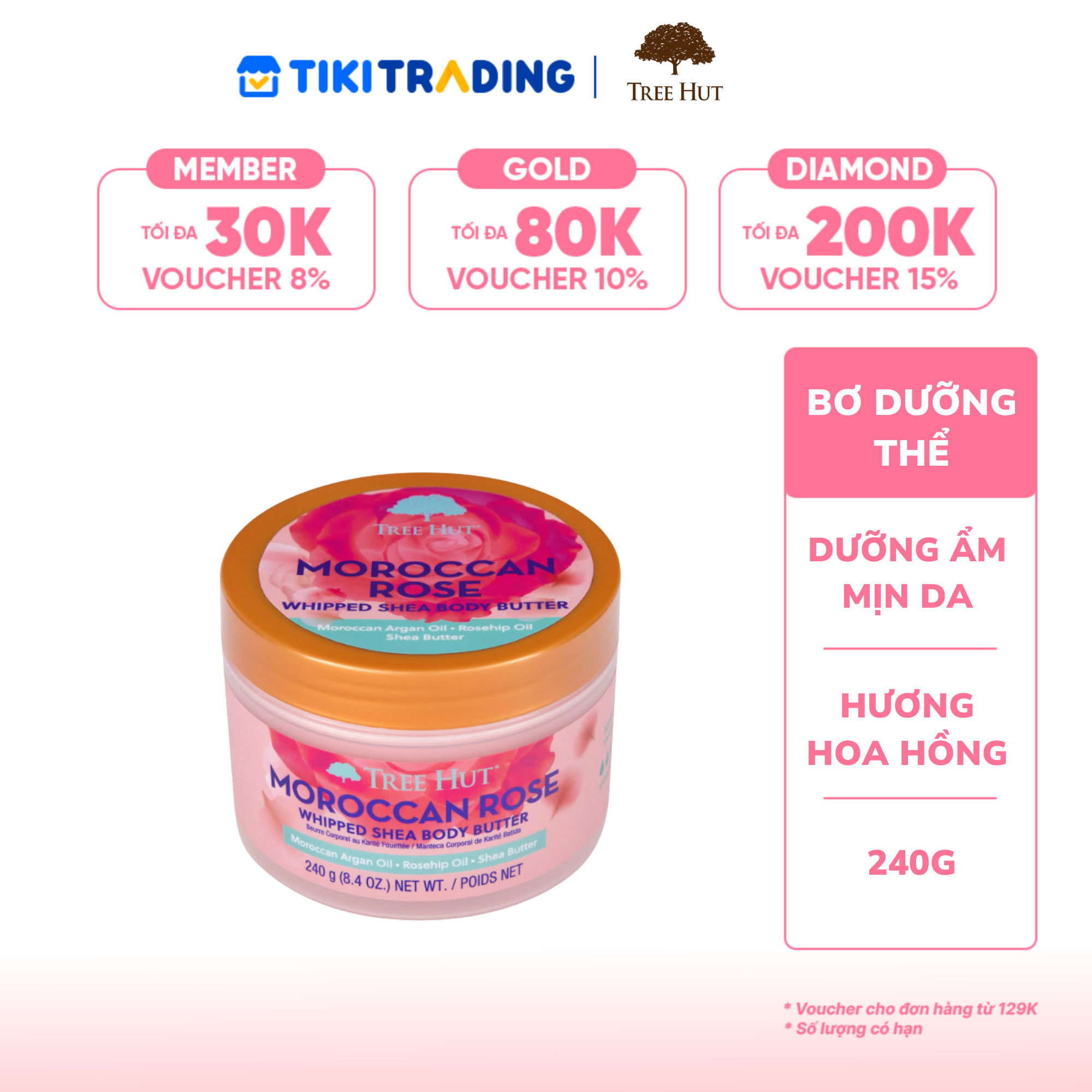 Bơ dưỡng thể Tree Hut Moroccan Rose Whipped Body Butter 240 gr