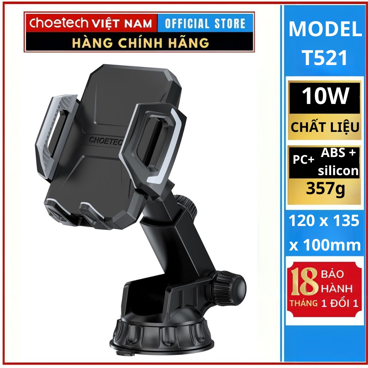 Giá đỡ điện thoại kiêm sạc không dây trên ô tô 10W Choetech T521-S