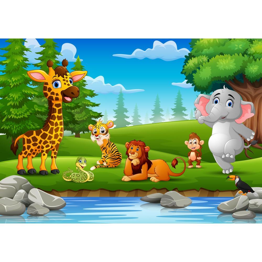 Tranh dán tường Tranh trang trí phòng em bé thế giới động vật đáng yêu, tranh dán tường 3d hiện đại