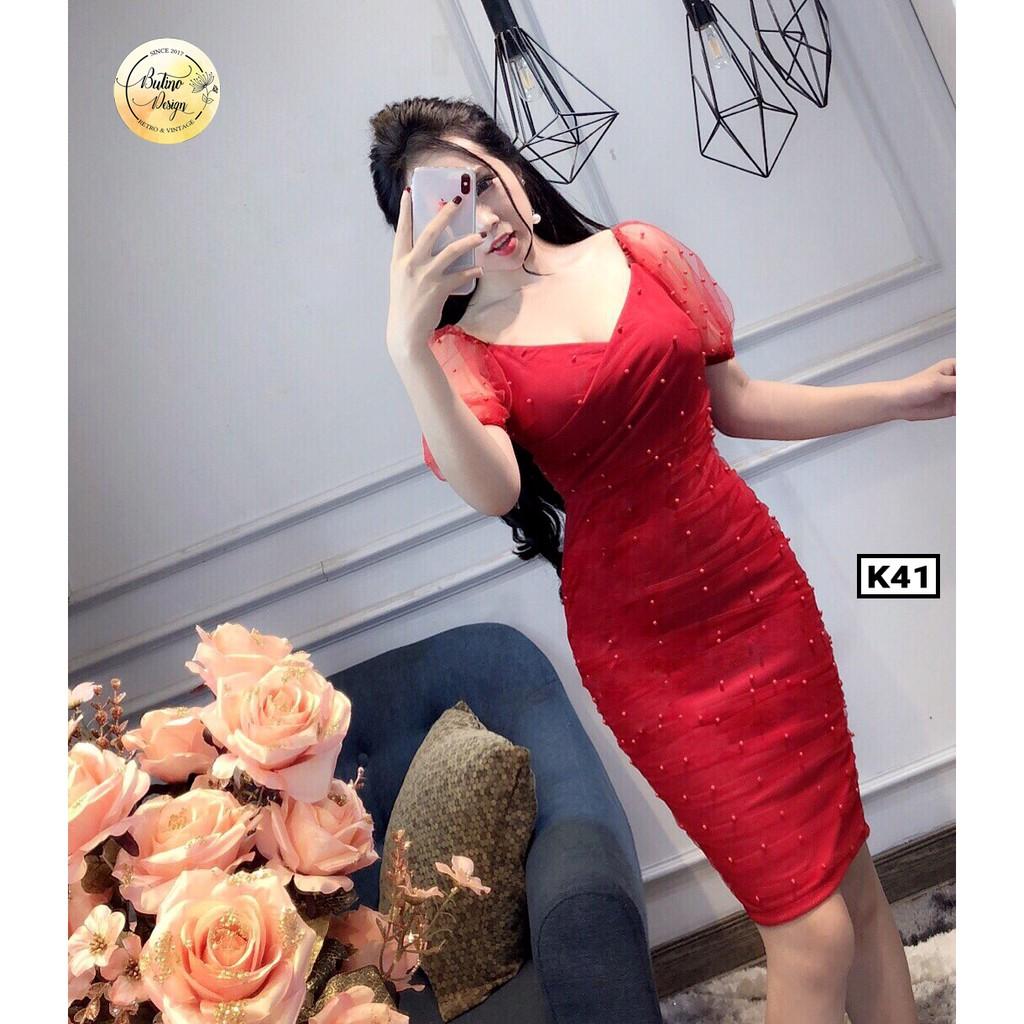 Váy đầm body K41 Đỏ phối ren 2 lớp - 4 màu