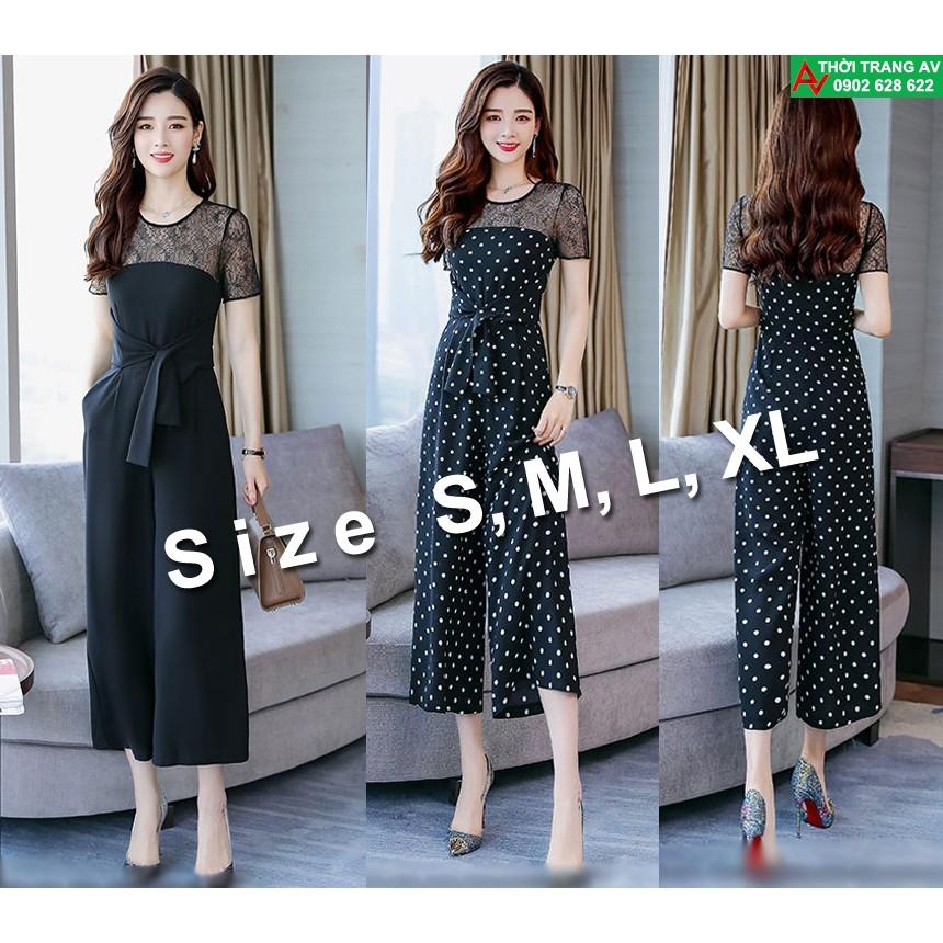 Jumpsuit - Đồ bay lửng ống rộng phối ren thắt nơ eo  - AV5947