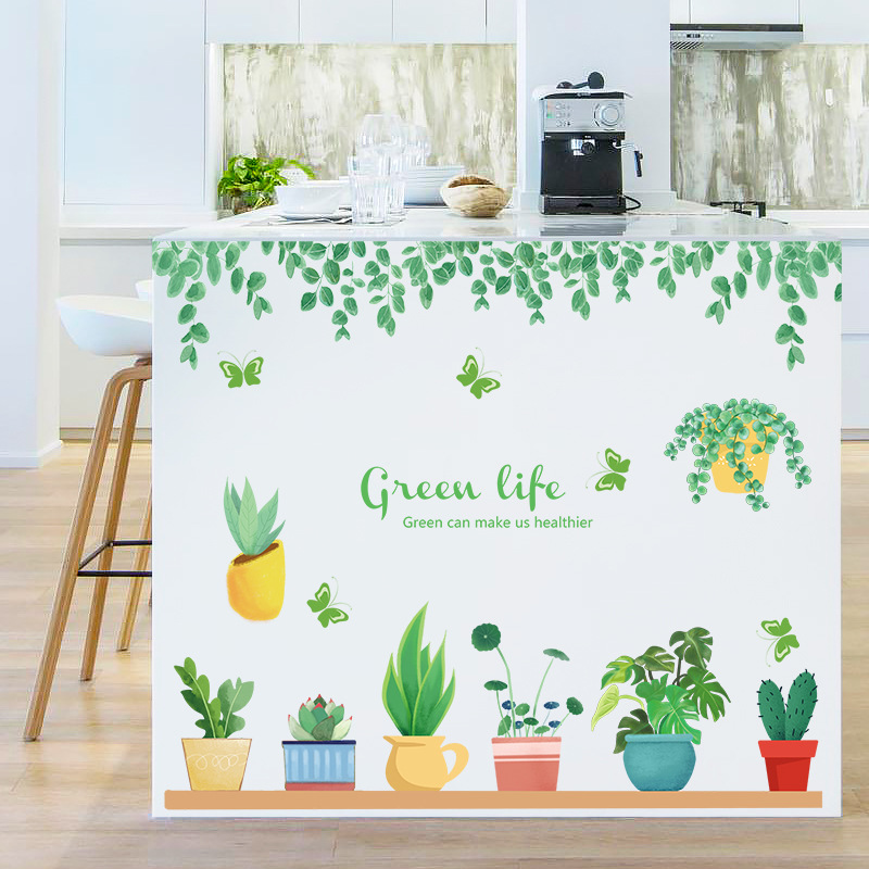 Decal giấy dán tường chậu xương rồng SK7195