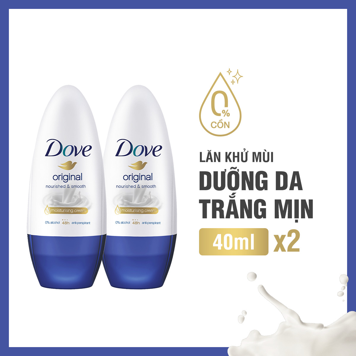 Combo 2 Lăn khử mùi Dove Original Nourished &amp; Smooth Hương dịu nhẹ Dưỡng da Sáng mịn dành cho nữ, 40ml