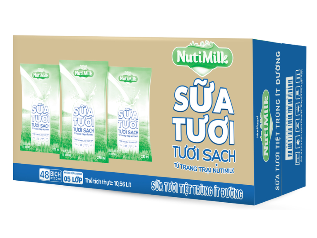 Thùng NutiMilk sữa tươi tươi sạch ít đường bịch 220ml - (48 bịch x 220ml)