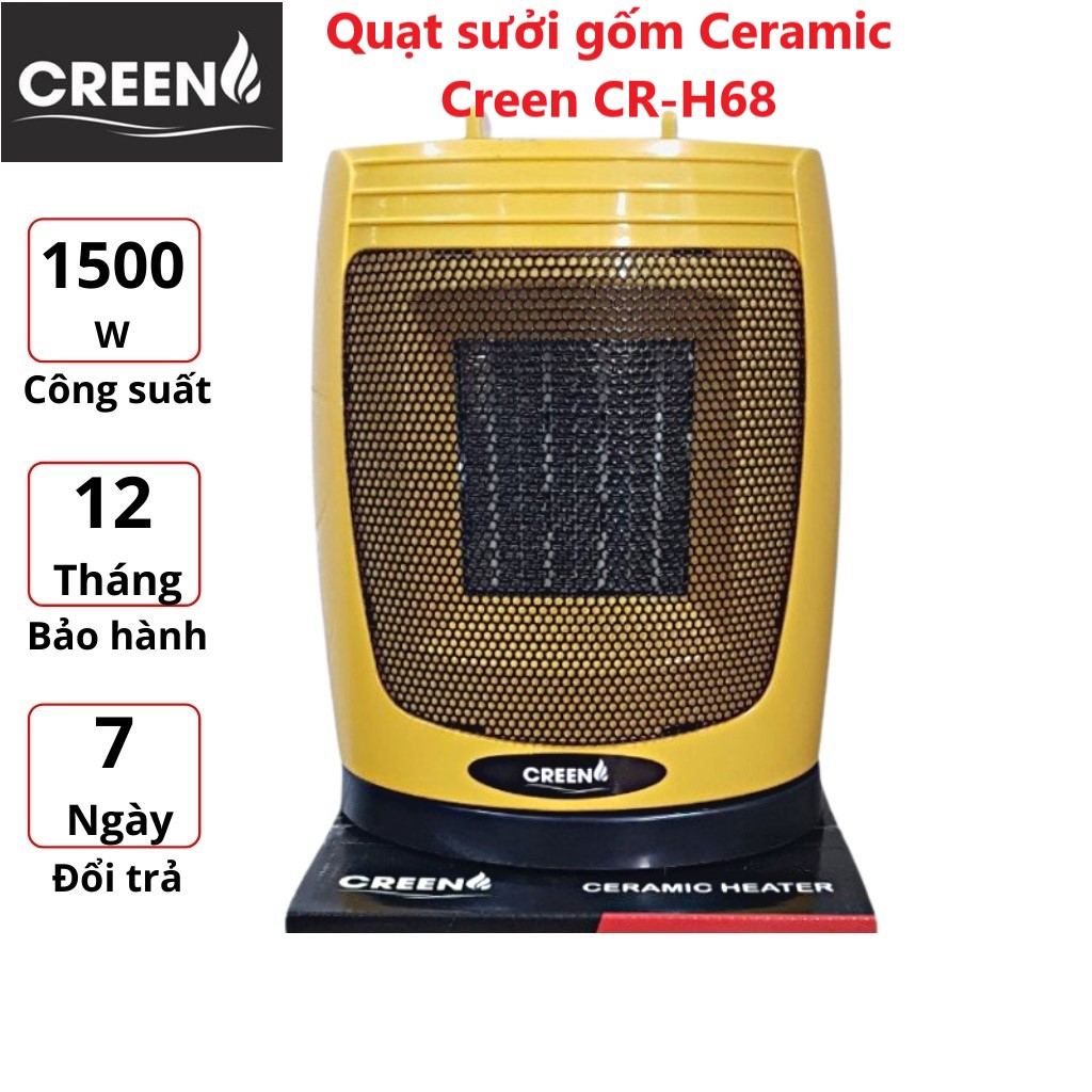 Quạt sưởi gốm Ceramic Creen CR-H68 không gây ồn, 3 chế độ sưởi, tự động đổi hướng, cảm biến nghiêng đổ - Hàng chính hãng