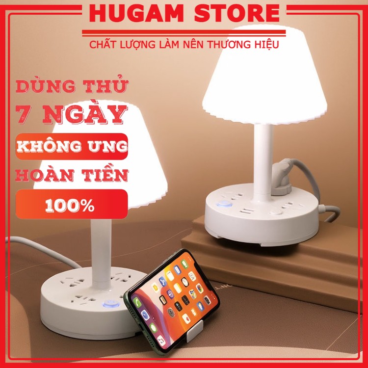Đèn ngủ HUGAM có 3 ổ cắm điện công suất 2500w , 2 cổng sạc USB 5V/2A tặng kèm giá đỡ điện thoại