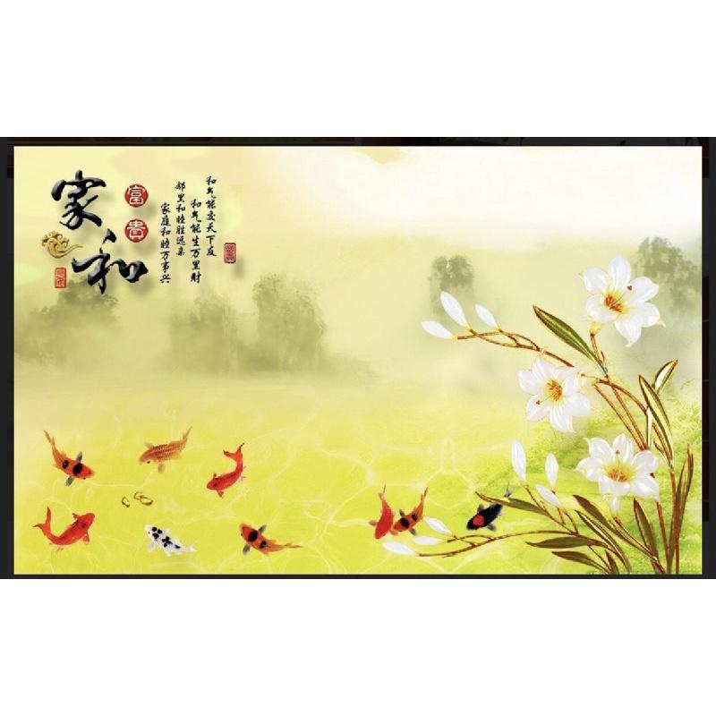 Tranh cá chép dán tường 3d. tranh in vải lụa không thấm nước siêu bền
