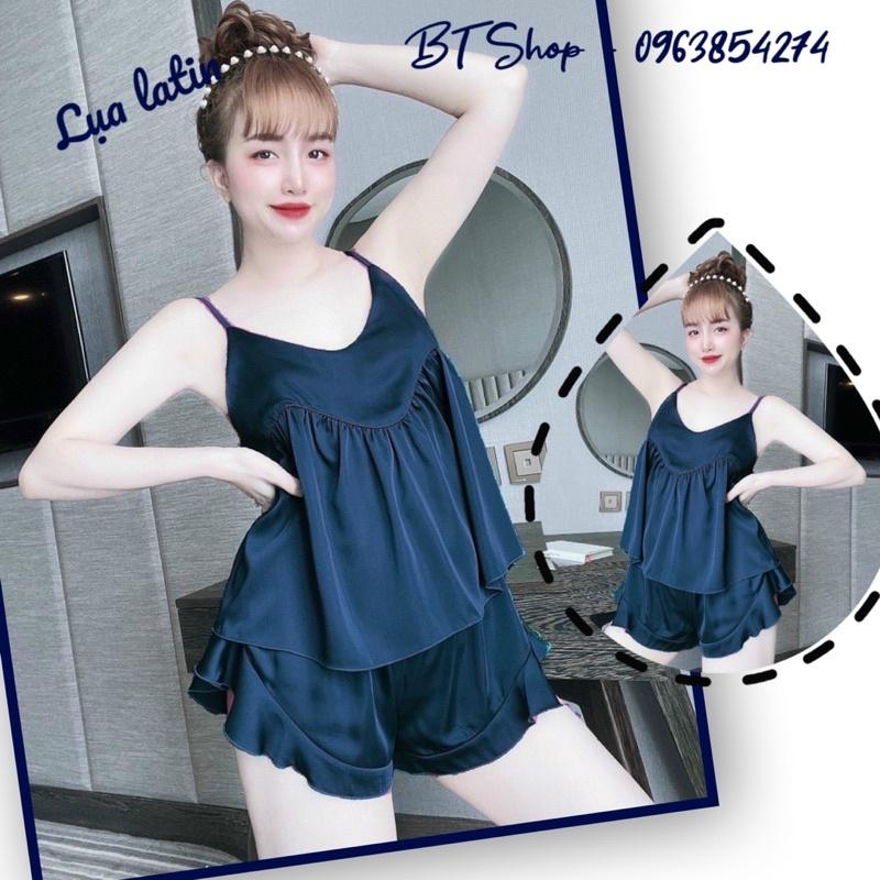 Đồ ngủ mặc nhà lụa latin 2 dây đùi trơn bèo freesize 42-57kg