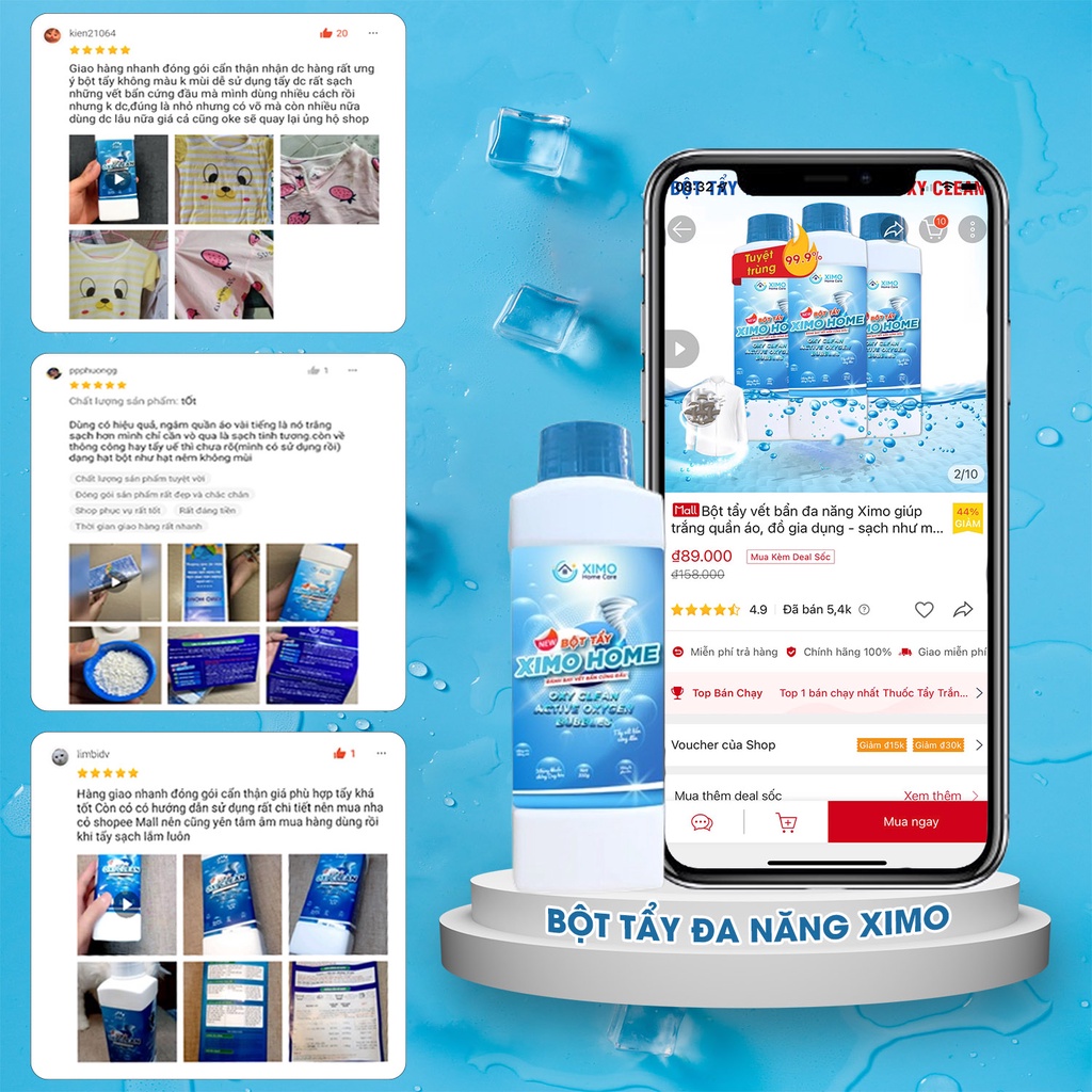 Bột Tẩy Đa Năng Ximo OxiClean,Thuốc Tẩy Sạch Vết Bẩn,Vết Ố Vàng Quần Áo Trắng, Quần Áo Màu CLEANTOP