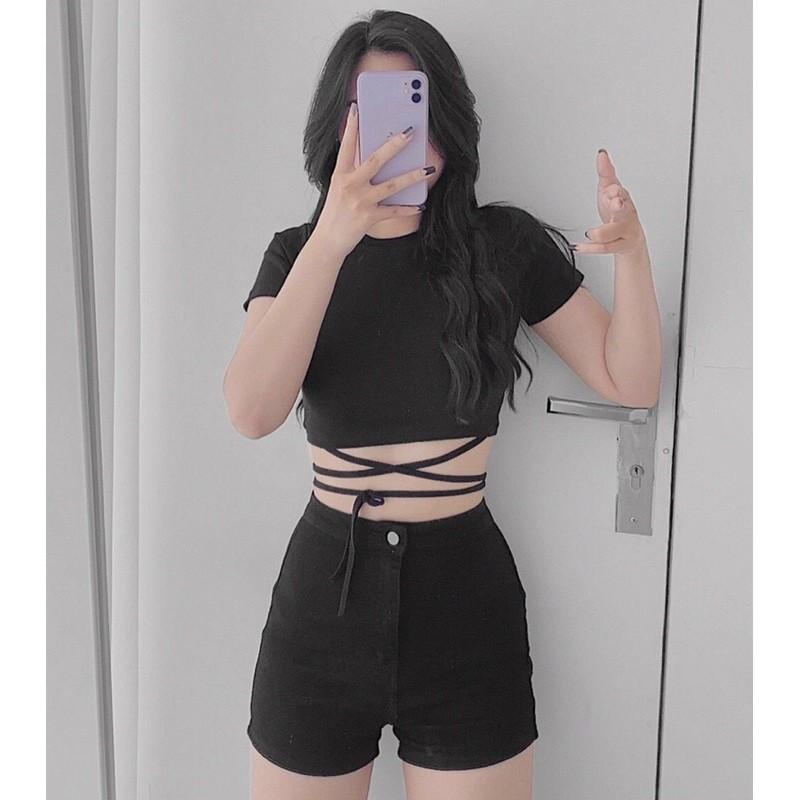 Áo thun croptop cộc tay nữ eo sexy thiết kế dây buộc eo điệu đà