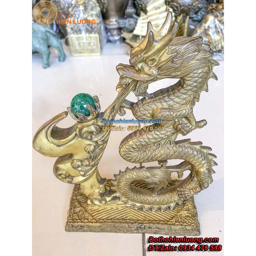 Tượng Rồng Phong Thủy Nhả Ngọc Xanh Bằng Đồng Vàng