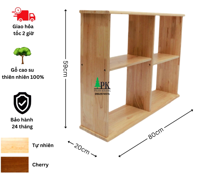 Kệ sách gỗ treo tường/ để bàn Phạm Khang - Gỗ cao su tự nhiên màu Gỗ Tự Nhiên/ Vàng Cherry - Kích thước rộng 80 cm