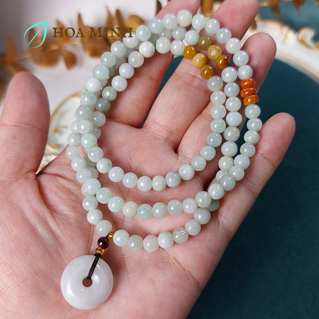 Vòng tay chuỗi 108 hạt Cẩm Thạch bạch ngọc nếp băng size hạt 5.5 li phối điếu cẩm thạch phong thủy tài lộc