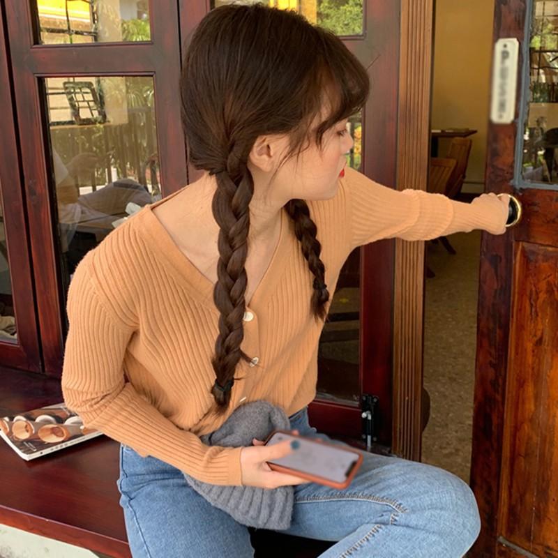 Áo Cardigan Dệt Kim Tay Dài Phối Nút Thiết Kế Cổ Chữ V Thanh Lịch