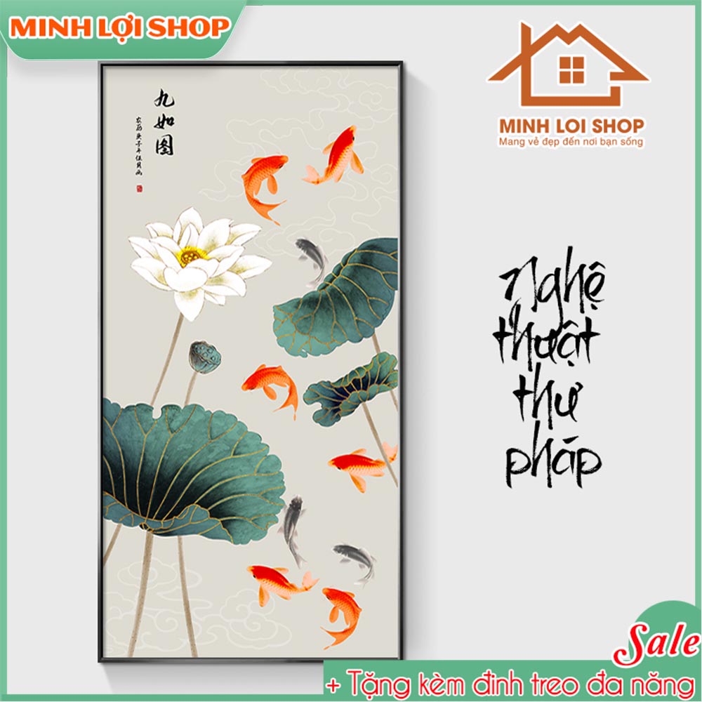 Tranh canvas hoa sen CỬU NGƯ QUẦN HỘI hiện đại trang trí phòng khách lói vào cầu thang cực sang TẶNG KÈM ĐINH TREO