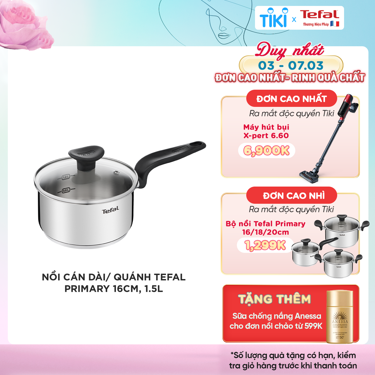 Nồi inox cán dài Tefal Primary 16cm, 1.5L, dùng cho mọi loại bếp- Hàng chính hãng