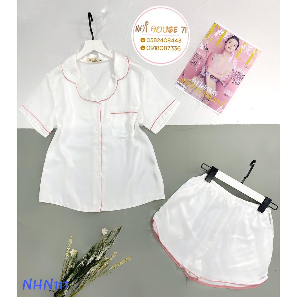 Bộ Mặc Nhà Nữ NHIHOUSE71 Pijama Lụa Satin Quần Ngắn Tay Ngắn Trơn Viền Phối Freesize 45-55kg