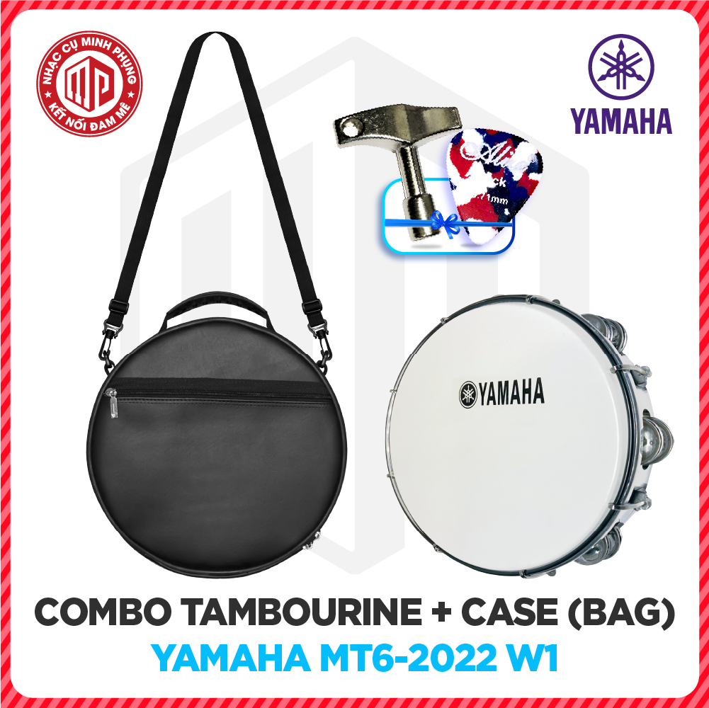 Combo Trống lắc tay/ Lục lạc gõ bo/ Tambourine Yamaha MT6 W1 + Bao đựng/ Túi đựng 3 lớp Da simili - Hàng chính hãng