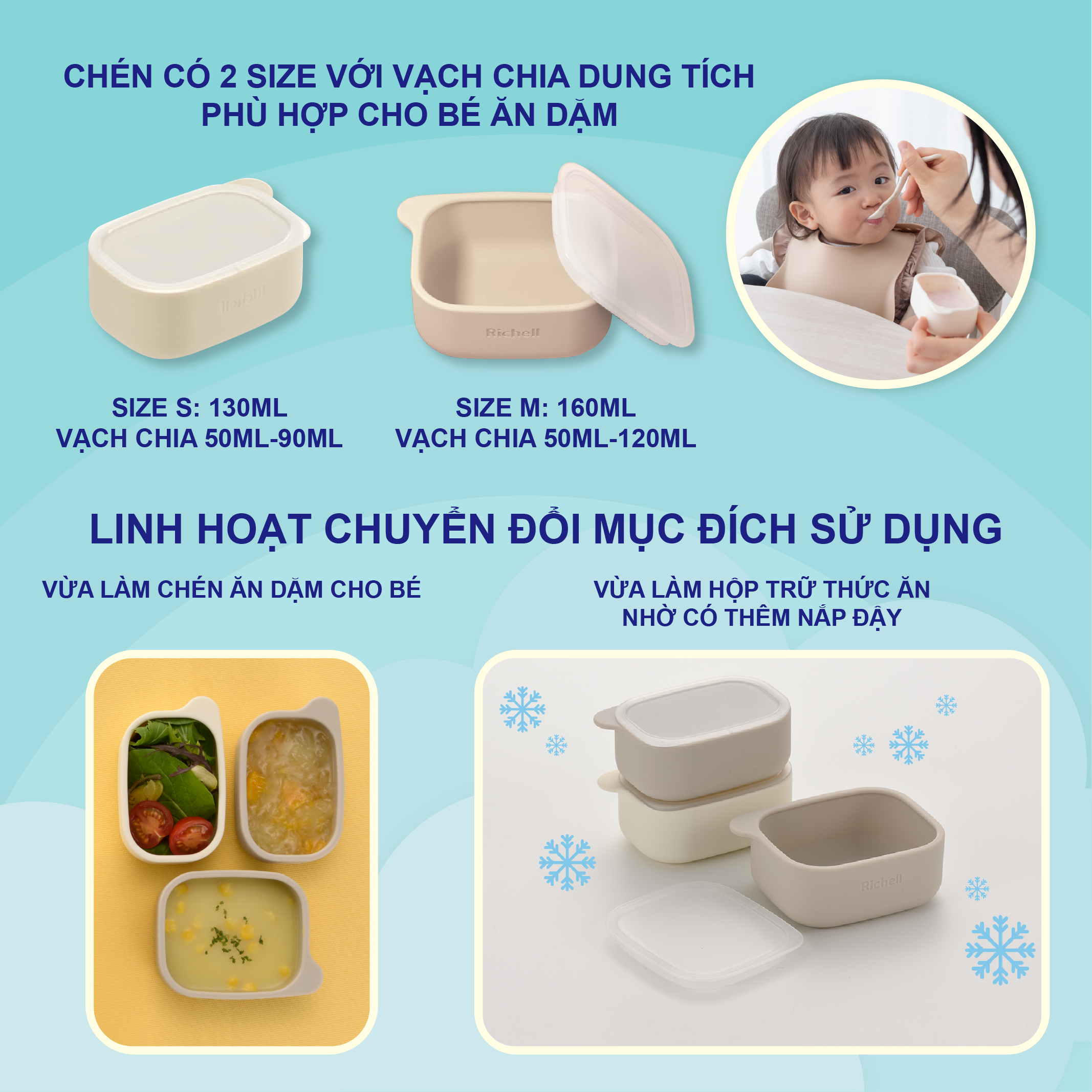 Combo Đồ dùng ăn dặm Tô có đế hít & 2 Chén ăn dặm RICHELL Nhật chất liệu Slicone Platinum | Baby