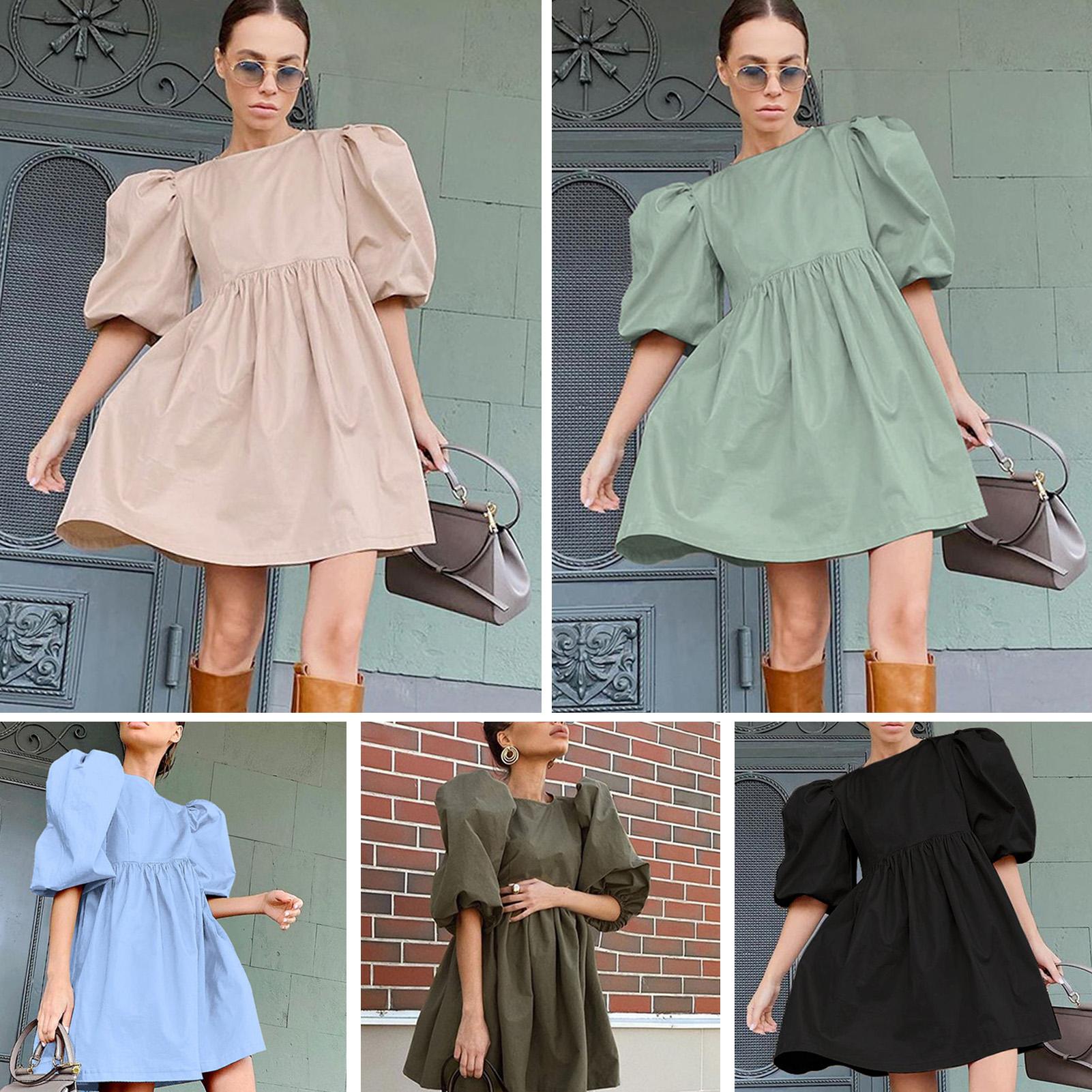Women Fashion Dress Lantern Half Sleeve A Line Loose O-Neck Mini Dress Summer Dress