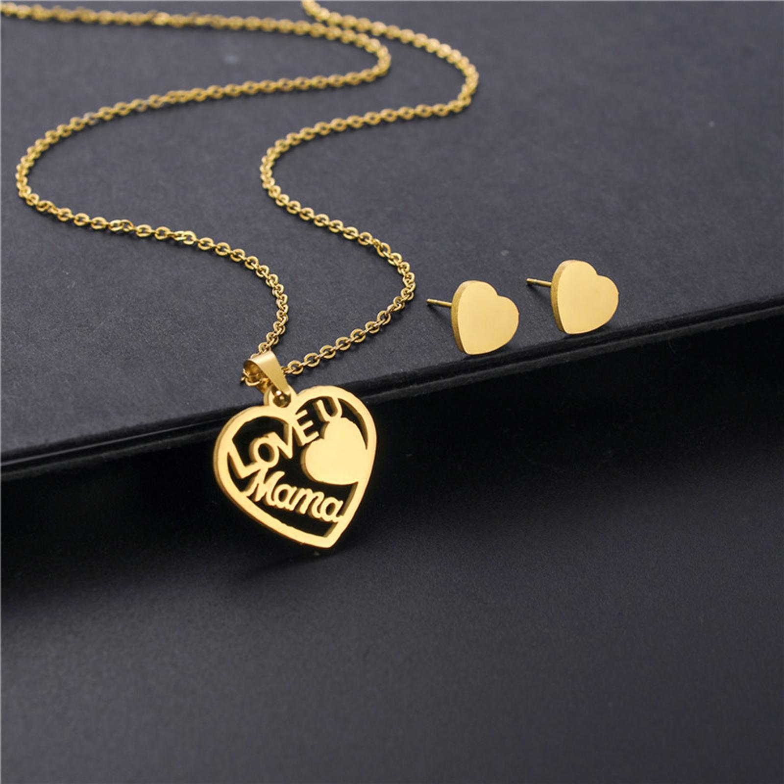 Love Mom Pendant with 2 Ear Stud Earrings Mother's Jewelry Stainless Steel