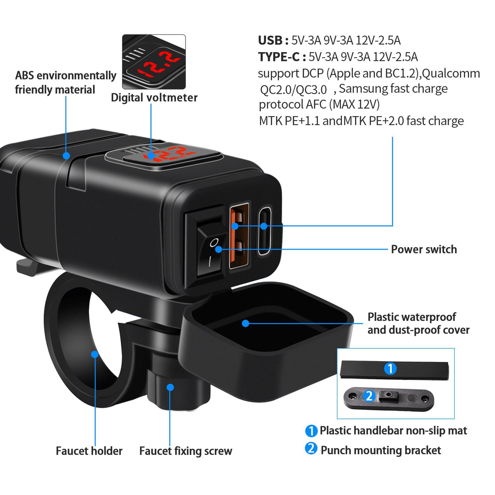 Motorcycle USB Charger Type C PD and .0 Fast Charging SAE to USB Adapter Red