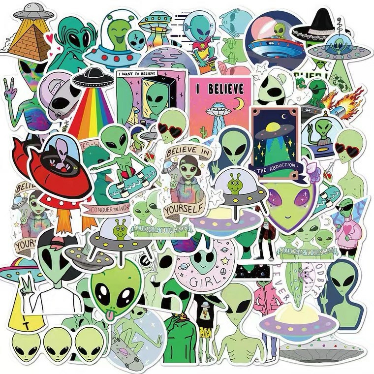 Sticker người ngoài hành tinh Aliens trang trí mũ bảo hiểm, đàn, guitar, ukulele, điện thoại laptop