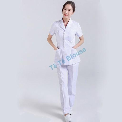 Bộ Quần Áo Blouse CỘC TAY, Dáng ngắn ngang mông NỮ màu trắng cho Điều Dưỡng, Y tá ,Dược Sĩ, Vải Lon Nhật Và Thô Cotton