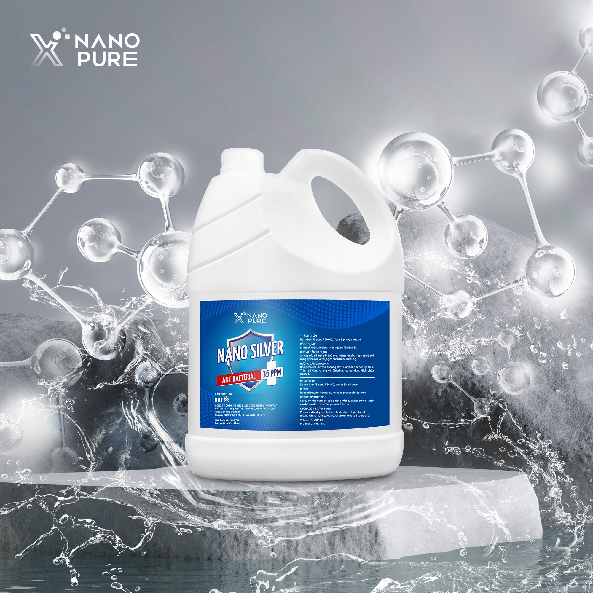 [TẶNG CHAI XỊT 500ML TIỆN DỤNG] Dung Dịch Nano Xpure Nano Silver Antibacterial 35ppm 5L (Không Mùi)-Diệt khuẩn, khử mùi–Nano Bạc AHT Corp (AHTC)