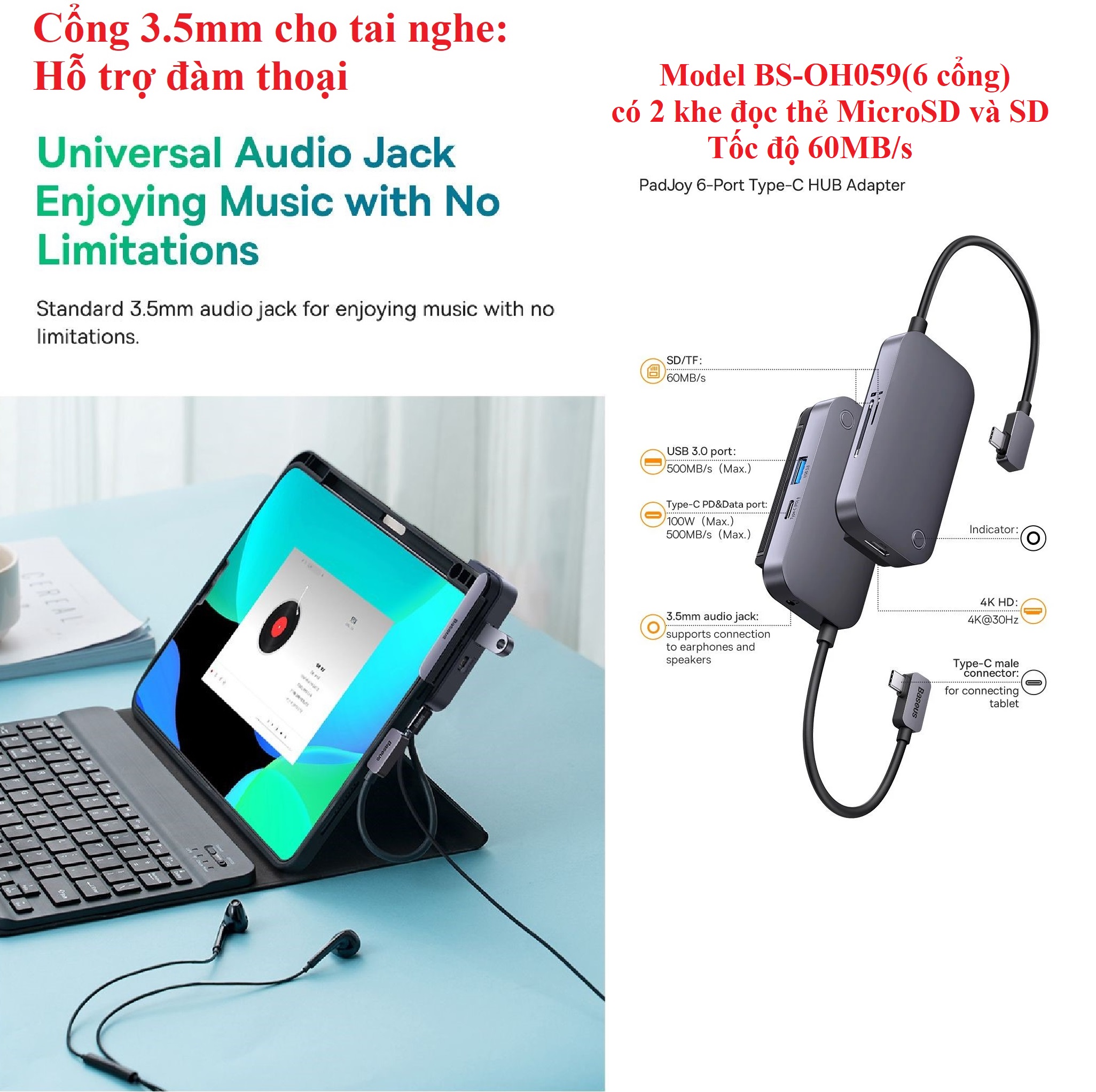 Hub mở rộng cổng type C cho iPad Mac laptop Baseus PadJoy BS-OH058 /  BS-OH059 _  hàng chính hãng