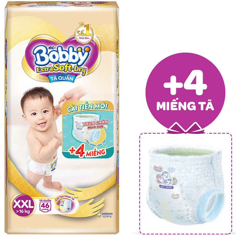 Tã Quần Cao Cấp Bobby Extra Soft Dry XXL46 - Tặng 4 Miếng Trong Gói