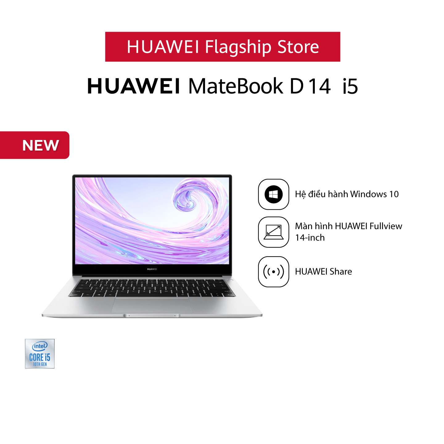 Máy Tính Xách Tay HUAWEI MateBook D 14 i5 (8+512G) | Màn Hình HUAWEI FullView | Nút Nguồn Tích Hợp Khóa Vân Tay | Hợp Tác Đa Màn Hình | Góc Mở 180° | Hàng Chính Hãng