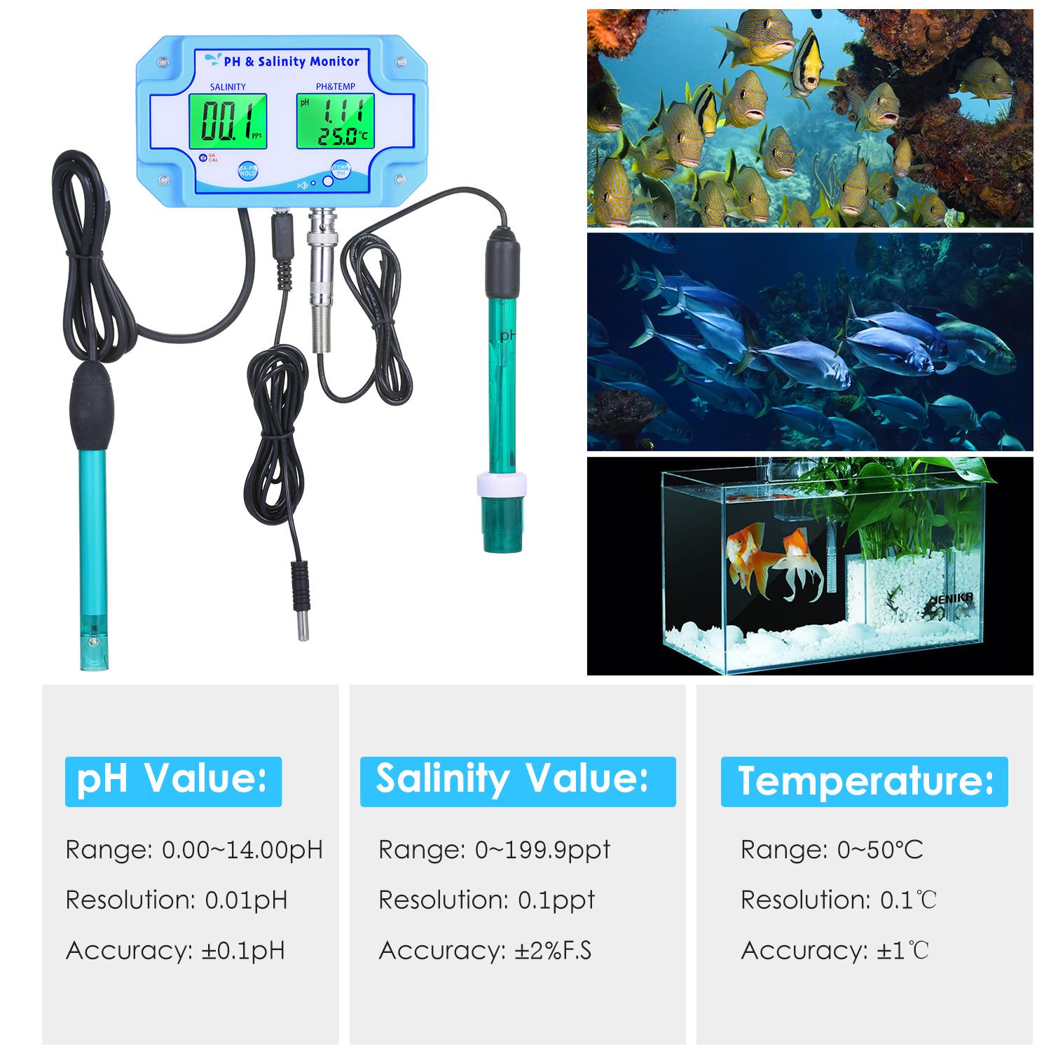 3-in-1 PH/Salinity/TEMP Water Quality Monitor Multi-functional pH & Salinity Monitor Temperature Meter Dual LCD Display