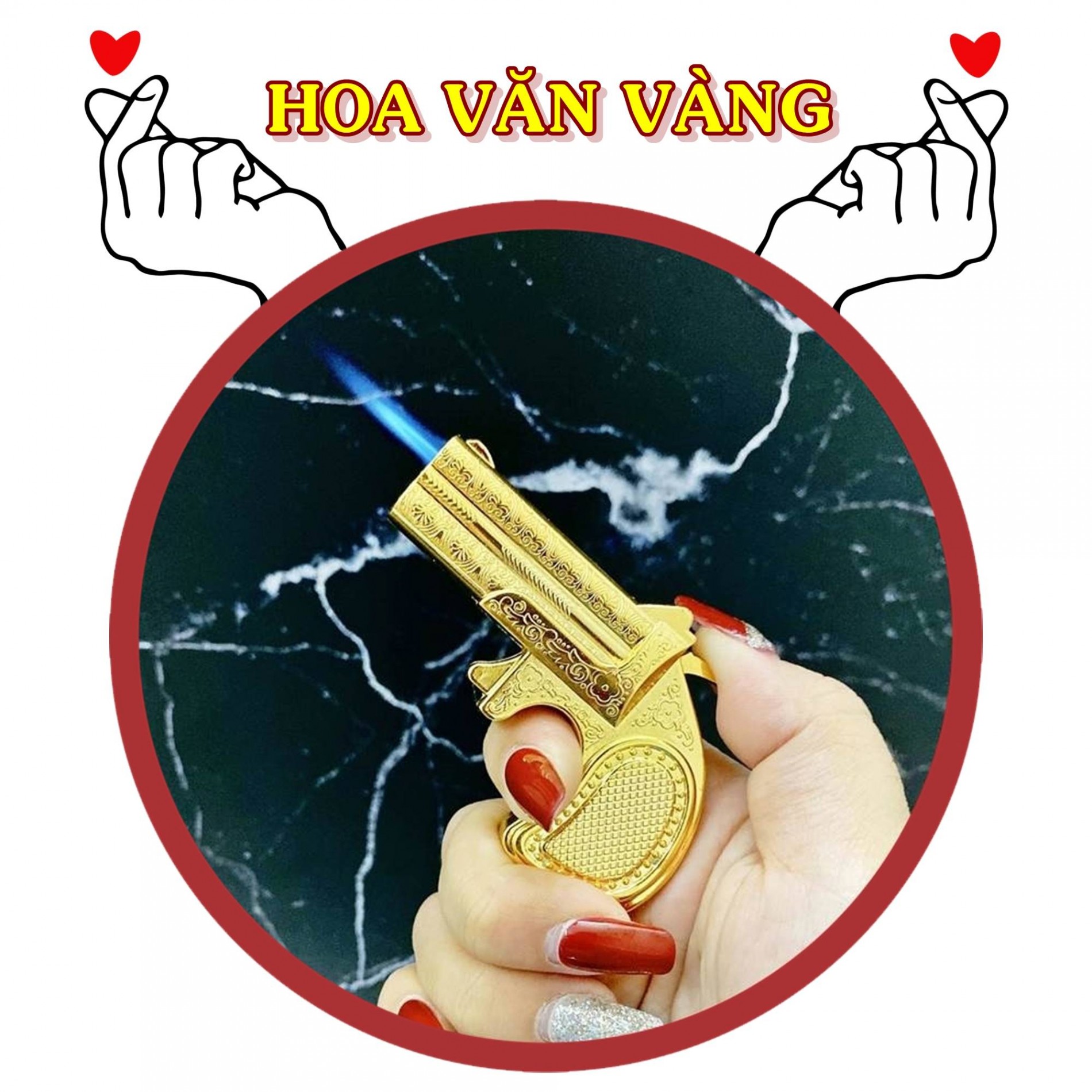 Hột quẹt bật lửa khè móc khóa hình súng hoa văn vàng -