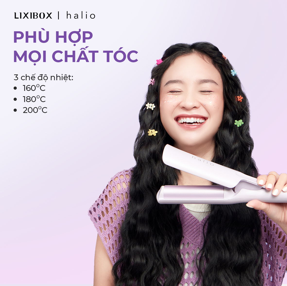 Máy Uốn Tóc Halio instaGlam Premium Hair Styler Tạo Xoăn Sóng Nước Hippie - Bóng Mượt x6 lần, Trục 28mm