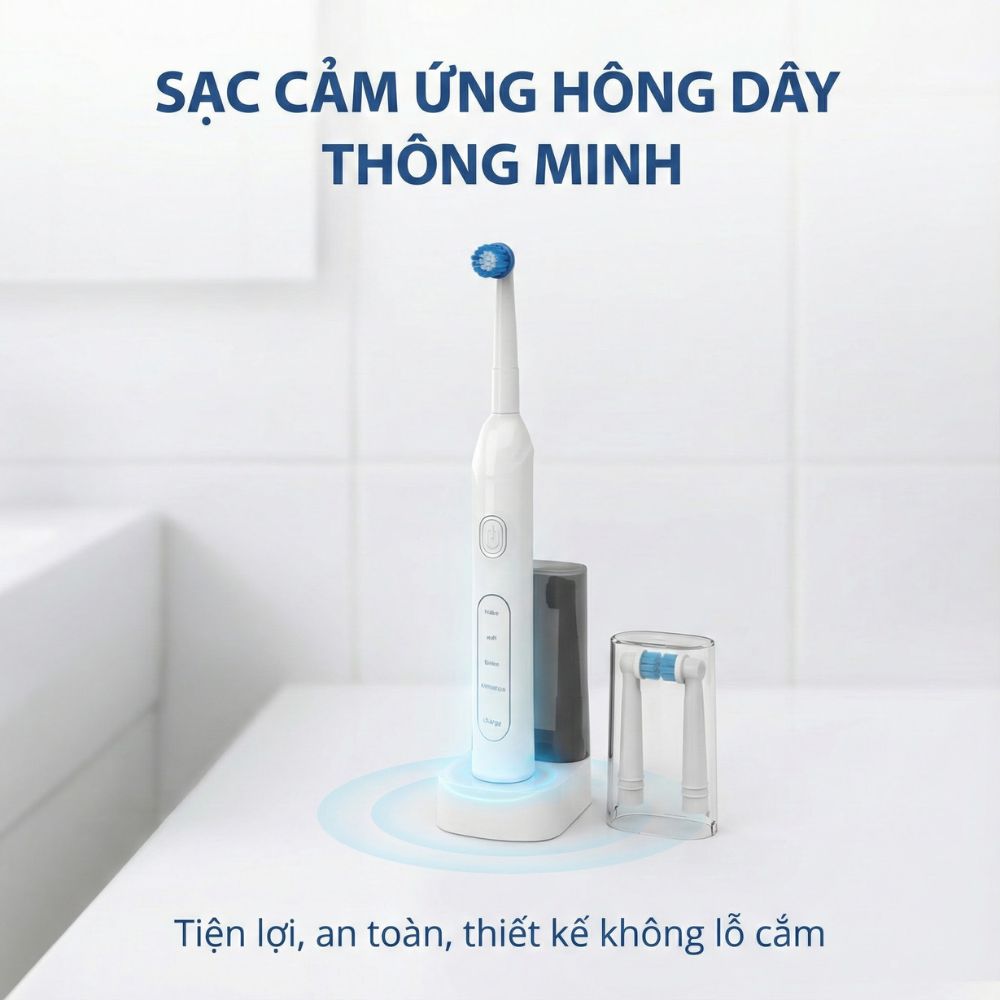 Bàn chải điện đầu xoay tròn Kachi MK361 kèm đế sạc không dây và 2 đầu bàn chải