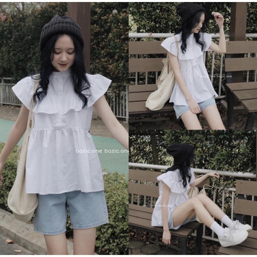 Áo sơ mi cổ bèo tiểu thư ngắn tay, form babydoll ulzzang, phong cách Hàn Quốc, chất đũi QC mềm mát, QUYNHANHPUKA