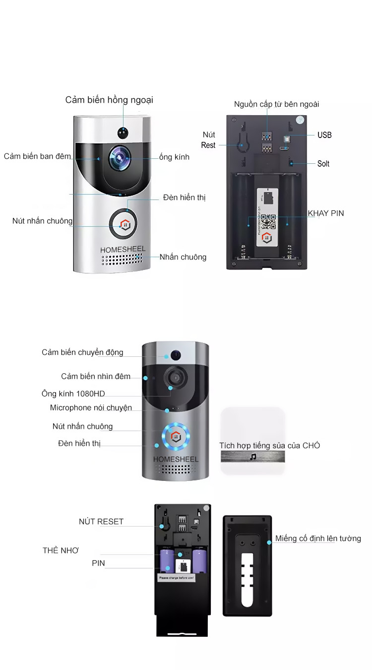 Chuông cửa Camera Smart Homesheel Doorbell 007C - Màu đen - Hàng chính hãng