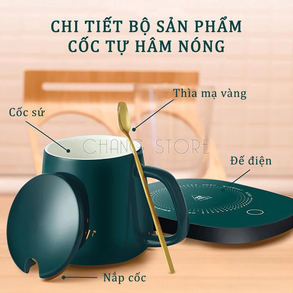 Cốc hâm nóng cao cấp bằng sứ kèm đế điện, Ly sứ kèm đế điện hâm nóng cafe, sữa, trà Tặng kèm thìa mạ vàng tiện lợi