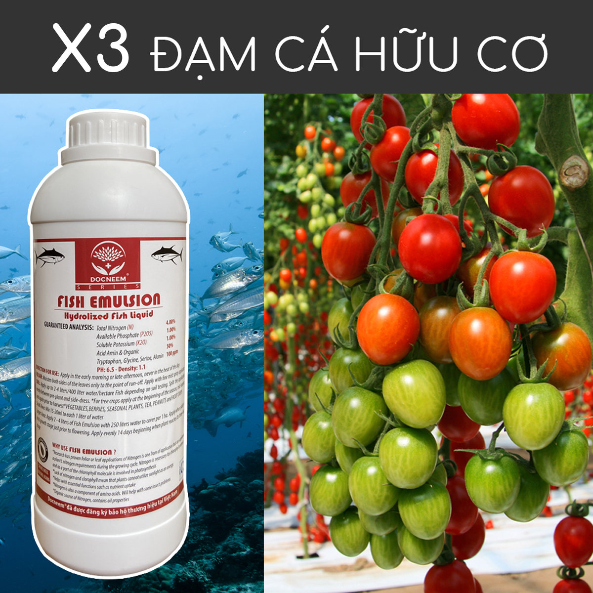 Phân đạm cá Docneem, phân cá Fish Emulsion hữu cơ cho hoa hồng, rau sạch, hoa, cây kiểng trong nhà ngoài trời