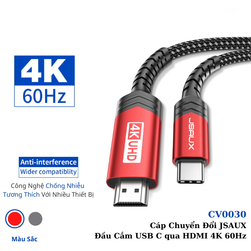 Cáp Chuyển Đổi Type C sang HDMI CV0030 JSAUX 4K 60Hz 3M Cho Tất Cả Thiết Bị Type C – Macbook, Samsung, Oppo, Huawei…- Hàng chính hãng