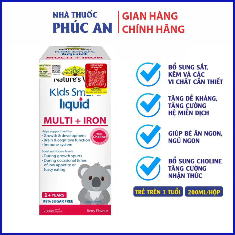 Siro bổ sung sắt, kẽm và vitamin tổng hợp cho bé Nature's Way Kids Smart Liquid Multi + Iron 200ml